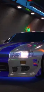 Sleek racing car with vibrant lights in a tunnel, emphasizing speed and style.