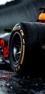 Close-up of Formula 1 car on a rainy track.