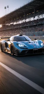 A sleek blue race car speeding on a track at sunset.