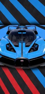 Sleek racing car with blue and black design on wallpaper.