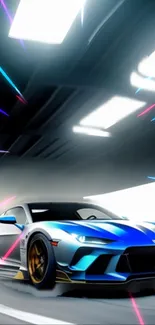 Sleek racing car with vibrant neon light trails.