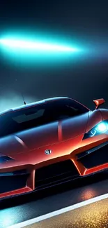 Sleek orange racing car with vibrant lights at night.