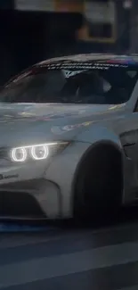 Sleek white racing car with glowing lights.