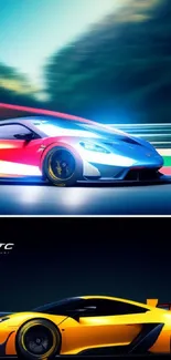 Wallpaper featuring dynamic racing cars in vibrant colors and motion.