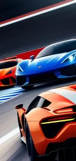 Three vibrant racing cars speed along a track in dynamic motion.