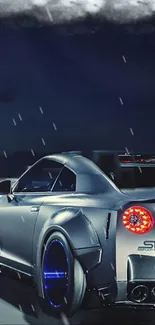 Sleek sports car driving at night in rain.