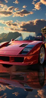 Red sports car by a coastal sunset with reflections.
