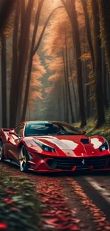 Red sports car driving through an autumn forest.