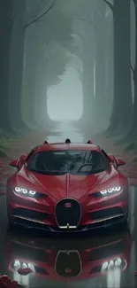 Red sports car in a misty forest with fallen leaves.