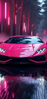 Red sports car in neon-lit forest with reflective road and fog.