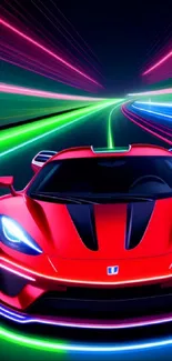 Sleek red car zooming on neon-lit futuristic road.