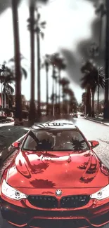 Red car with palm trees on an urban street wallpaper.