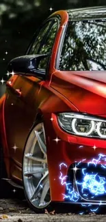 Red sports car parked in a forest setting, showcasing sleek design.