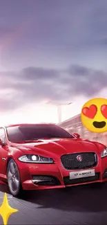 Sleek red sports car against city backdrop with emojis.