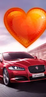 Red sports car with orange heart in dynamic action.