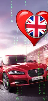 Red sports car with Union Jack heart, digital matrix background.