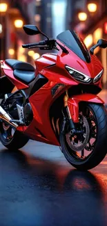 Vivid red motorcycle on city street at night.