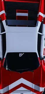 Top view of a red and white sports car with racing stripes wallpaper.