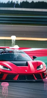 A sleek red race car speeding around a racetrack with vibrant energy.