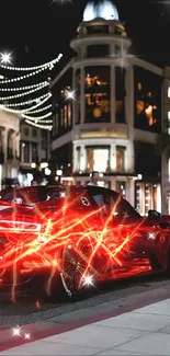 Red sports car parked on a city street at night.