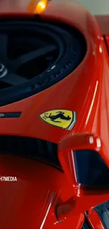 Close-up of a red Ferrari sports car with detailed design.