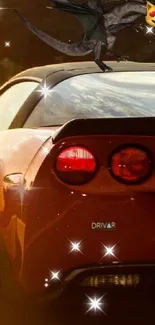 Red sports car on highway with sunset glow.