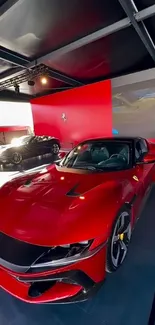 A sleek red sports car displayed in a modern showroom.