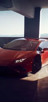 Sleek red sports car in a garage, radiating elegance.