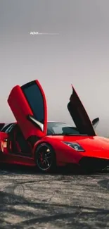 Elegant red sports car with open doors on a picturesque road.