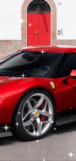 Red Ferrari sports car parked in front of a white building with red shutters.