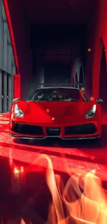 Luxurious red sports car in a modern hallway.