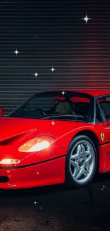 Red sports car in front of a textured metal backdrop.