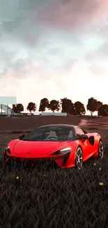 Sleek red sports car in sunset field scene.