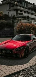 Red sports car on driveway with modern house backdrop.