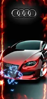 Red Audi sports car with logo on black background wallpaper.