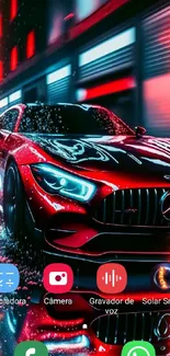 Dynamic red sports car in cityscape wallpaper.