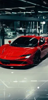 A sleek red sports car parked in a modern garage setting.