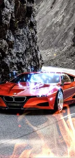 Red sports car on a winding mountain road.