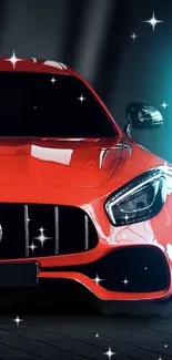 Red sports car with dynamic lighting effect.