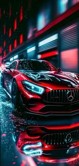 Dynamic red sports car in urban setting wallpaper.