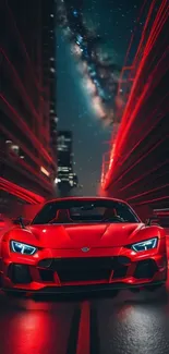 Red sports car speeds through neon cityscape at night.