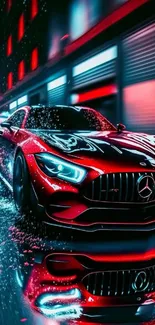 Red sports car speeding through neon-lit city streets.