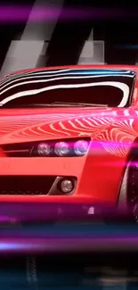 Sleek red sports car with vibrant lighting effects.