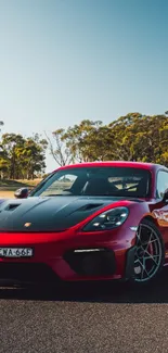 Sleek red sports car on scenic road background.