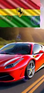 Red sports car on scenic road with flag background.