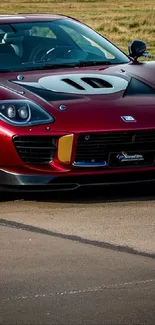 Sleek red sports car parked on a clear road under bright sunlight.