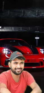 Red sports car in a dark garage with a smiling person in red shirt.