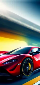 Red sports car speeding on a vibrant track with dynamic background.