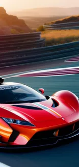 Sleek red sports car on scenic race track wallpaper.