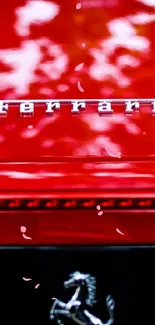 Close-up of a sleek red Ferrari sports car.